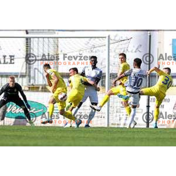 Lamin Colley and Tilen Klemencic in action during Prva Liga Telemach 2021-2022 football match between Domzale and Koper in Domzale, Slovenia on April 16, 2022