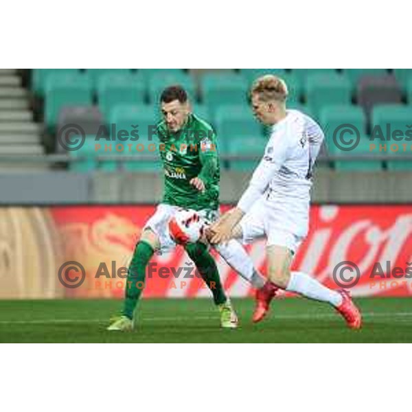 Mario Kvesic and Vid Koderman in action during Prva Liga Telemach football match between Olimpija and Tabor CB 24 Sezana in SRC Stozice, Ljubljana, Slovenia on April 16, 2022 