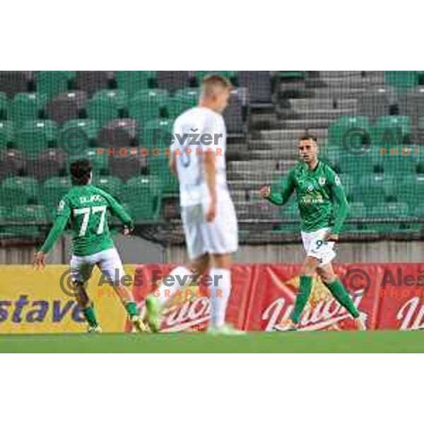 Mustafa Nukic and Almedin Ziljkic celebrate goal during Prva Liga Telemach football match between Olimpija and Tabor CB 24 Sezana in SRC Stozice, Ljubljana, Slovenia on April 16, 2022 