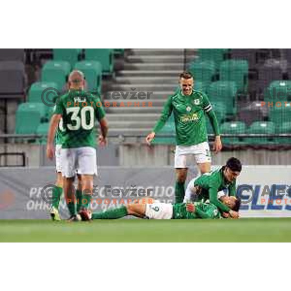 Mustafa Nukic and Almedin Ziljkic celebrate goal during Prva Liga Telemach football match between Olimpija and Tabor CB 24 Sezana in SRC Stozice, Ljubljana, Slovenia on April 16, 2022 
