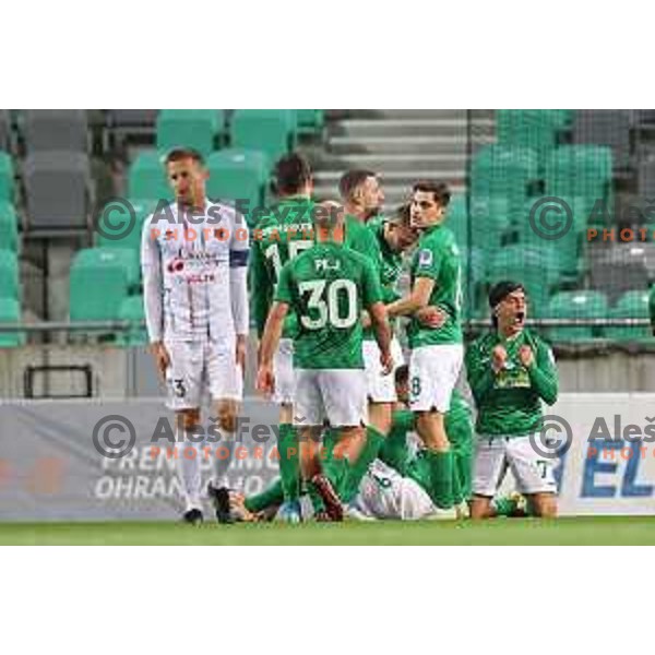 Mustafa Nukic and Almedin Ziljkic celebrate goal during Prva Liga Telemach football match between Olimpija and Tabor CB 24 Sezana in SRC Stozice, Ljubljana, Slovenia on April 16, 2022 