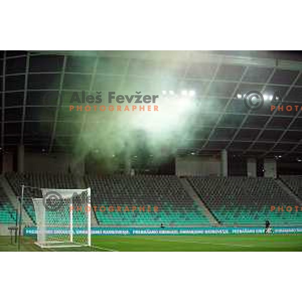 Green smoke during Prva Liga Telemach football match between Olimpija and Tabor CB 24 Sezana in SRC Stozice, Ljubljana, Slovenia on April 16, 2022