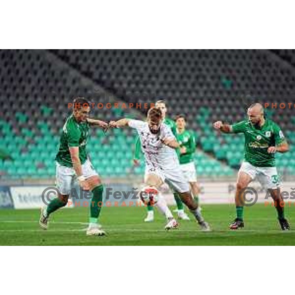 Damian van Bruggen and Tino Sven Susic in action during Prva Liga Telemach football match between Olimpija and Tabor CB 24 Sezana in SRC Stozice, Ljubljana, Slovenia on April 16, 2022 