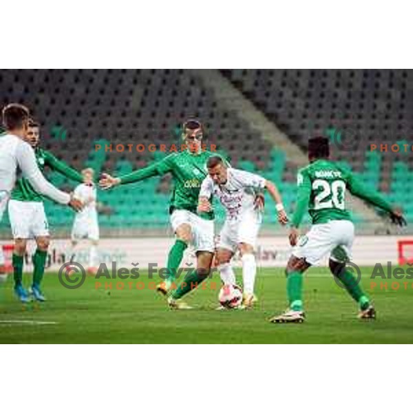 Damian van Bruggen and Marko Ristic in action during Prva Liga Telemach football match between Olimpija and Tabor CB 24 Sezana in SRC Stozice, Ljubljana, Slovenia on April 16, 2022 