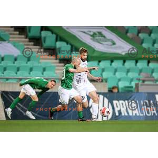Marin Pilj and Tino Sven Susic in action during Prva Liga Telemach football match between Olimpija and Tabor CB 24 Sezana in SRC Stozice, Ljubljana, Slovenia on April 16, 2022 