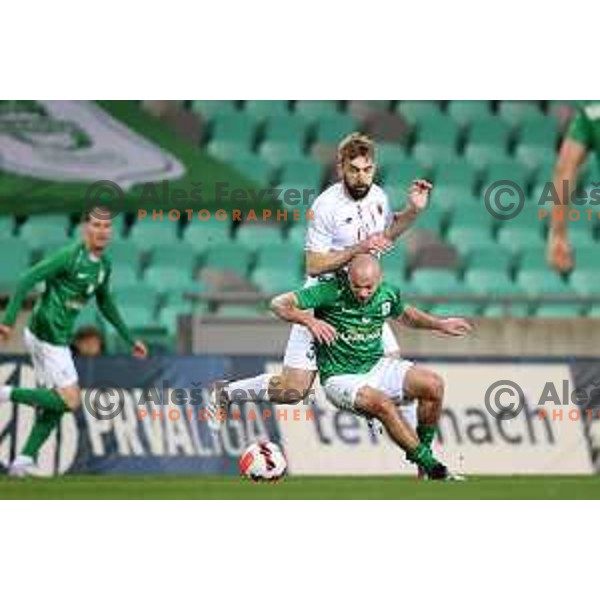 Marin Pilj and Tino Sven Susic in action during Prva Liga Telemach football match between Olimpija and Tabor CB 24 Sezana in SRC Stozice, Ljubljana, Slovenia on April 16, 2022 
