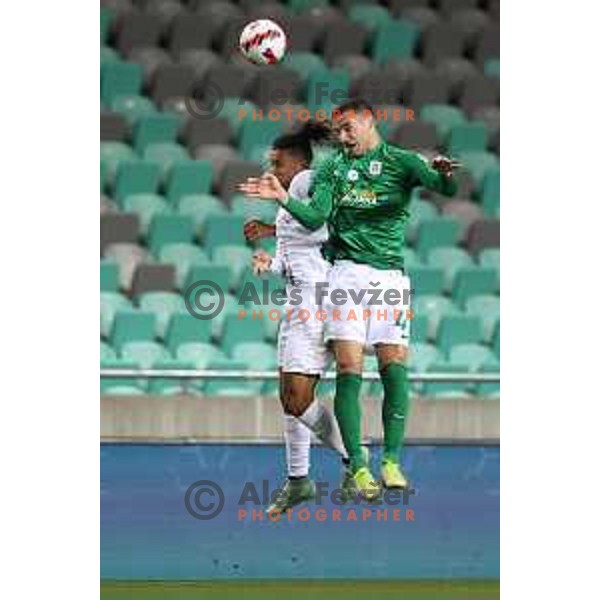 Mory Keita and Ivan Prtajin in action during Prva Liga Telemach football match between Olimpija and Tabor CB 24 Sezana in SRC Stozice, Ljubljana, Slovenia on April 16, 2022 