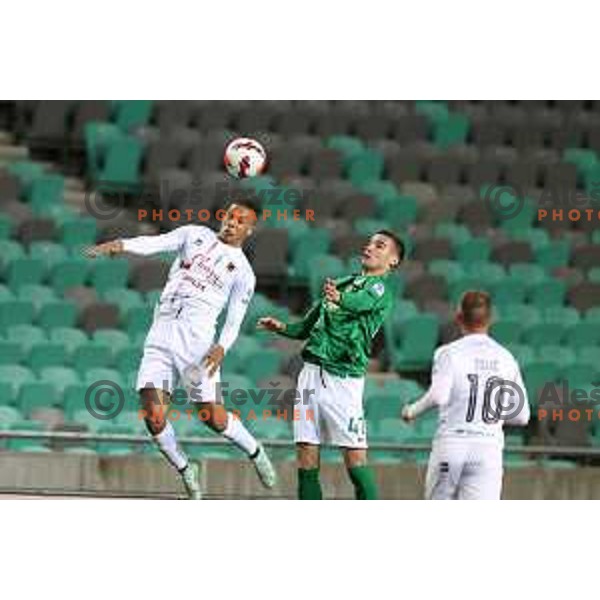 Mory Keita and Ivan Prtajin in action during Prva Liga Telemach football match between Olimpija and Tabor CB 24 Sezana in SRC Stozice, Ljubljana, Slovenia on April 16, 2022 