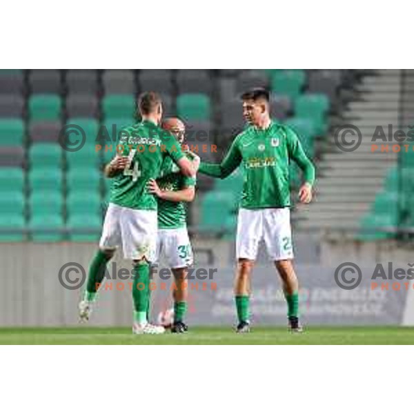 Damina Van Bruggen and Marin Pilj in action during Prva Liga Telemach football match between Olimpija and Tabor CB 24 Sezana in SRC Stozice, Ljubljana, Slovenia on April 16, 2022 