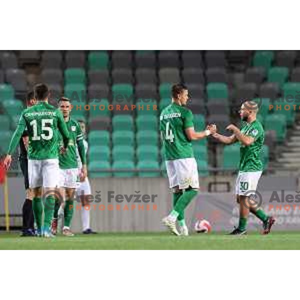 Damina Van Bruggen and Marin Pilj in action during Prva Liga Telemach football match between Olimpija and Tabor CB 24 Sezana in SRC Stozice, Ljubljana, Slovenia on April 16, 2022 