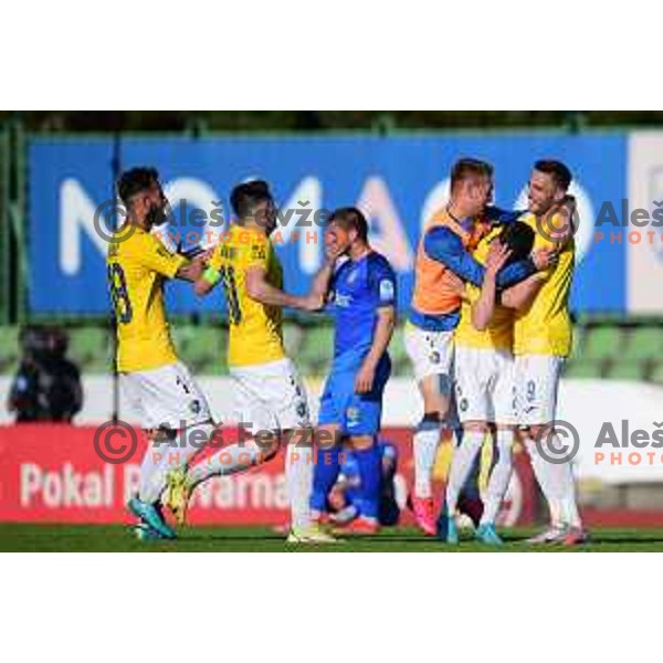 Players of Bravo celebrate victory in semi-final of Slovenian Cup 2021-2022 football match between Bravo and. Domzale in Ljubljana, Slovenia on April 20, 2022