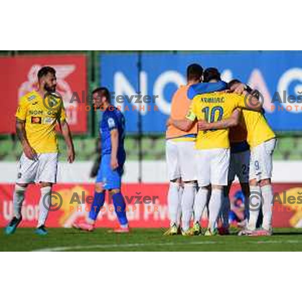 Players of Bravo celebrate victory in semi-final of Slovenian Cup 2021-2022 football match between Bravo and. Domzale in Ljubljana, Slovenia on April 20, 2022