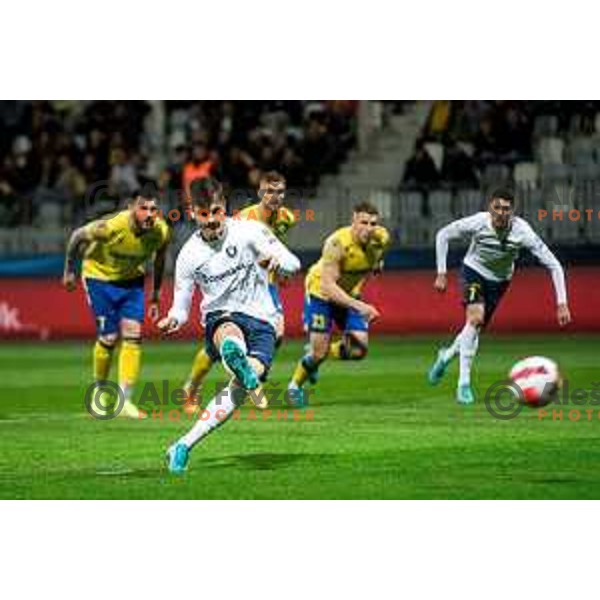 Ivan Bozic kicks penalty during semi-final of Slovenian Cup football match between Koper and Celje at Bonifika, Koper, Slovenia on April 21, 2022