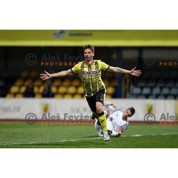 Ivan Saric of Kalcer Radomlje celebrates goal during Prva Liga Telemach 2021-2022 football match between Kalcer Radomlje and Mura in Domzale, Slovenia on April 23, 2022