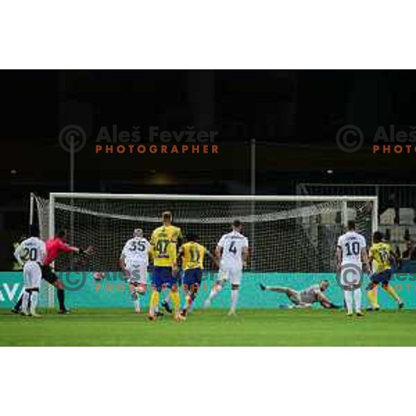 Kaheem Parris scores from penalty kick during Prva Liga Telemach 2021-2022 football match between Koper and Olimpija at Bonifika, Koper, Slovenia on April 24, 2022