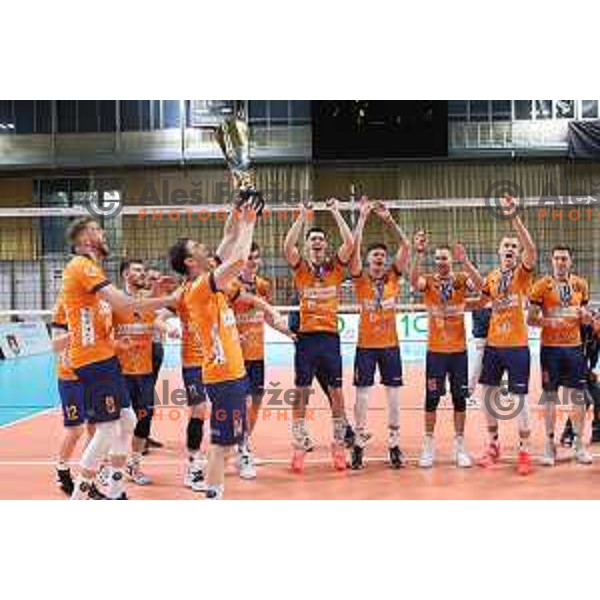 Players of ACH volley celebrate victory in the Final of 1.DOL between ACH volley and Calcit in Tivoli Hall, Ljubljana, Slovenia on April 25, 2022