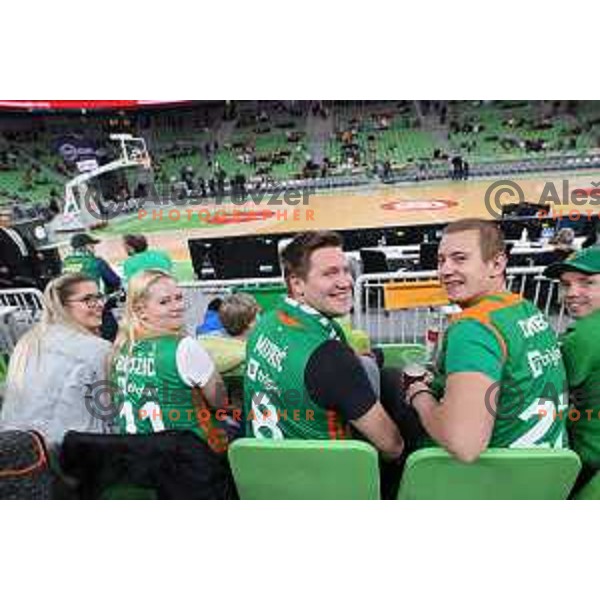 Fans in action during quarter-final of 7days EuroCup basketball match between Cedevita Olimpija and Frutti Extra Bursaspor in Stozice Arena, Ljubljana, Slovenia on April 27, 2022