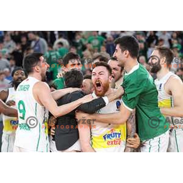 Orunalp Bitim and players of Bursaspor celebrate victory in quarter-final of 7days EuroCup basketball match between Cedevita Olimpija and Frutti Extra Bursaspor in Stozice Arena, Ljubljana, Slovenia on April 27, 2022