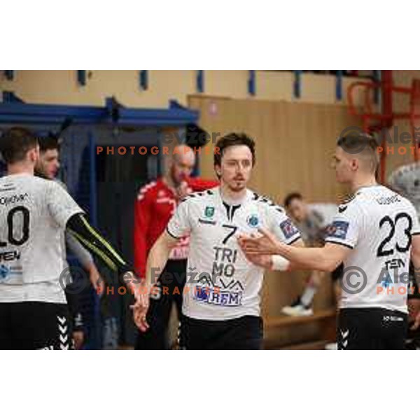 In action during 1.NLB league handball match Trimo Trebnje and Celje Pivovarna Lasko in Trebnje, Slovenia on April 29, 2022