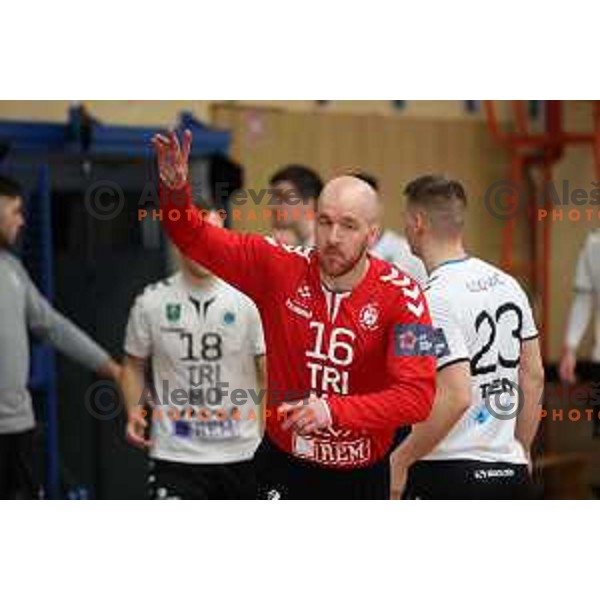 In action during 1.NLB league handball match Trimo Trebnje and Celje Pivovarna Lasko in Trebnje, Slovenia on April 29, 2022