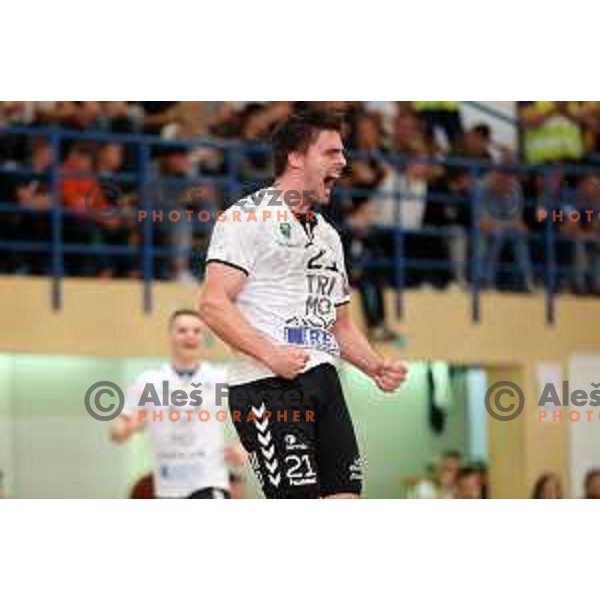 In action during 1.NLB league handball match Trimo Trebnje and Celje Pivovarna Lasko in Trebnje, Slovenia on April 29, 2022