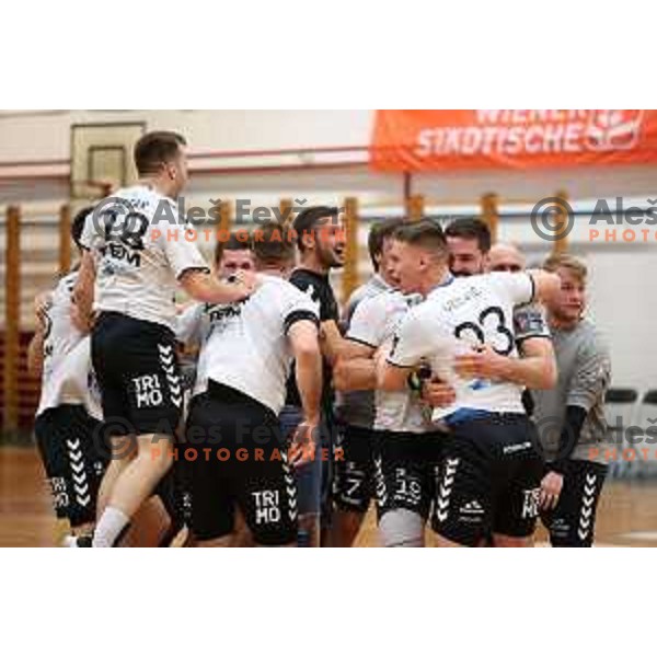Players of Trimo Trebnje celebrate victory in 1.NLB league handball match Trimo Trebnje and Celje Pivovarna Lasko in Trebnje, Slovenia on April 29, 2022