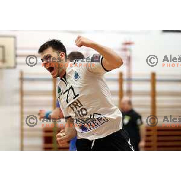 Players of Trimo Trebnje celebrate victory in 1.NLB league handball match Trimo Trebnje and Celje Pivovarna Lasko in Trebnje, Slovenia on April 29, 2022