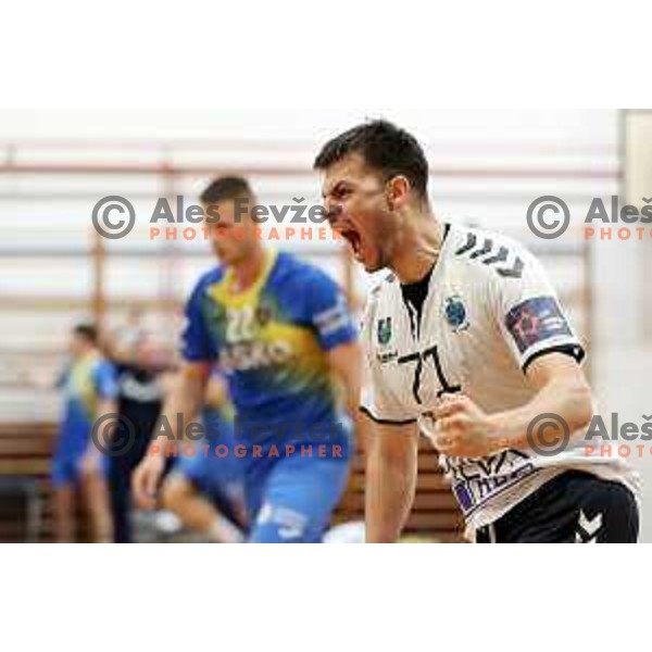 Players of Trimo Trebnje celebrate victory in 1.NLB league handball match Trimo Trebnje and Celje Pivovarna Lasko in Trebnje, Slovenia on April 29, 2022