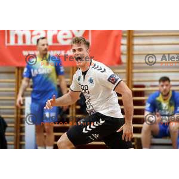 Players of Trimo Trebnje celebrate victory in 1.NLB league handball match Trimo Trebnje and Celje Pivovarna Lasko in Trebnje, Slovenia on April 29, 2022
