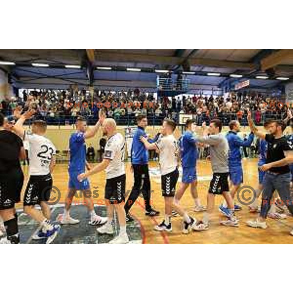 Players of Trimo Trebnje celebrate victory in 1.NLB league handball match Trimo Trebnje and Celje Pivovarna Lasko in Trebnje, Slovenia on April 29, 2022