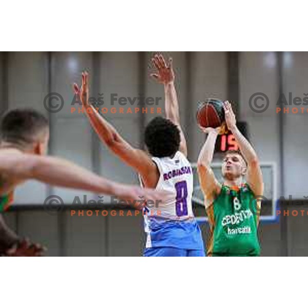 Edo Muric of Cedevita Olimpija in action during ABA league play-off basketball match between Cedevita Olimpija and Igokea in Tivoli Hall, Ljubljana, Slovenia on April 30, 2022
