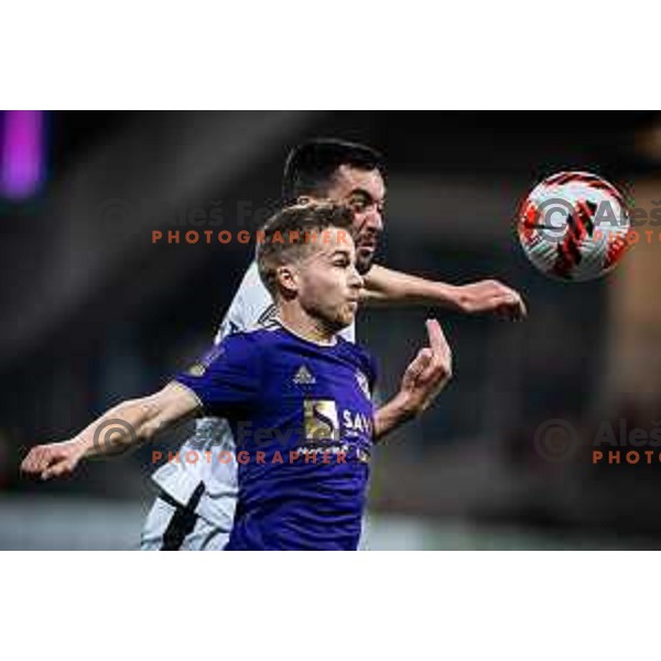 Jan Repas vs Ivan Borna Jelic Balta in action during Prva liga Telemach football match between Maribor and Koper in Ljudski vrt, Maribor, Slovenia on April 30, 2022. Photo: Jure Banfi/www.alesfevzer.com