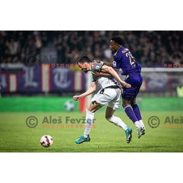 Ivan Borna Jelic Balta and Antoine Makoumbou in action during Prva liga Telemach football match between Maribor and Koper in Ljudski vrt, Maribor, Slovenia on April 30, 2022. Photo: Jure Banfi/www.alesfevzer.com