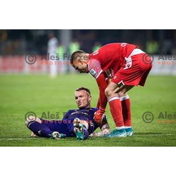 Djordje Ivanovic vs Adnan Golubovic in action during Prva liga Telemach football match between Maribor and Koper in Ljudski vrt, Maribor, Slovenia on April 30, 2022. Photo: Jure Banfi/www.alesfevzer.com