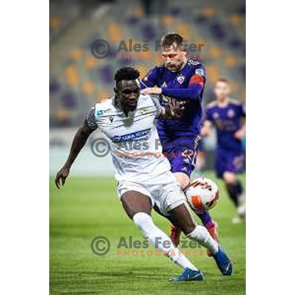Lamin Cooley vs Martin Milec in action during Prva liga Telemach football match between Maribor and Koper in Ljudski vrt, Maribor, Slovenia on April 30, 2022. Photo: Jure Banfi/www.alesfevzer.com
