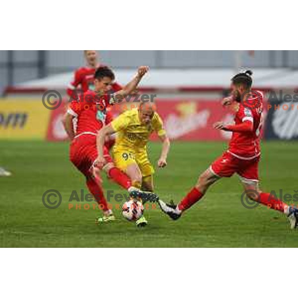 in action during Prva Liga Telemach 2021-2022 football match between Domzale and Aluminij in Domzale, Slovenia on May 1, 2022