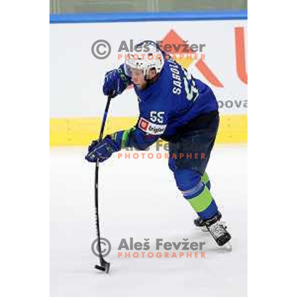 Robert Sabolic in action during IIHF Ice-hockey World Championship 2022 division I group A match between Slovenia and Lithuania in Ljubljana, Slovenia on May 3, 2022