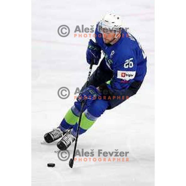 Jan Urbas in action during IIHF Ice-hockey World Championship 2022 division I group A match between Slovenia and Lithuania in Ljubljana, Slovenia on May 3, 2022