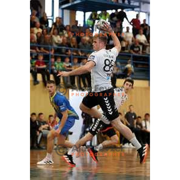 In action during 1.NLB league handball match Trimo Trebnje and Celje Pivovarna Lasko in Trebnje, Slovenia on April 29, 2022