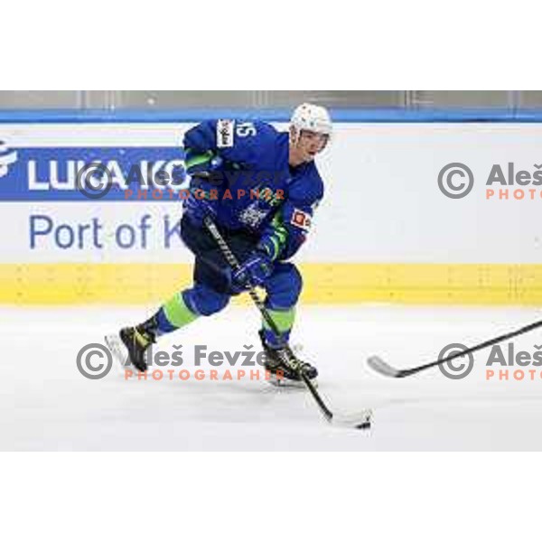 Luka Maver in action during IIHF Ice-hockey World Championship 2022 division I group A match between Slovenia and Lithuania in Ljubljana, Slovenia on May 3, 2022 