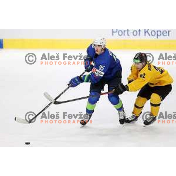 Luka Maver in action during IIHF Ice-hockey World Championship 2022 division I group A match between Slovenia and Lithuania in Ljubljana, Slovenia on May 3, 2022 