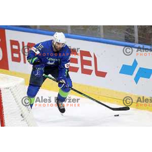 Ziga Pance in action during IIHF Ice-hockey World Championship 2022 division I group A match between Slovenia and Lithuania in Ljubljana, Slovenia on May 3, 2022
