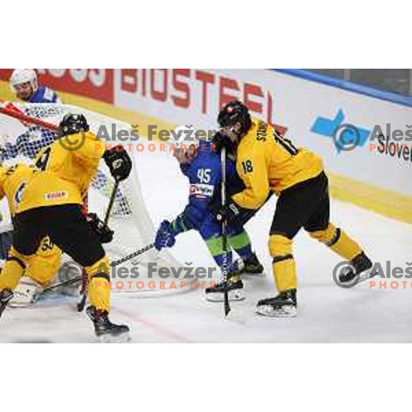 Luka Maver in action during IIHF Ice-hockey World Championship 2022 division I group A match between Slovenia and Lithuania in Ljubljana, Slovenia on May 3, 2022 