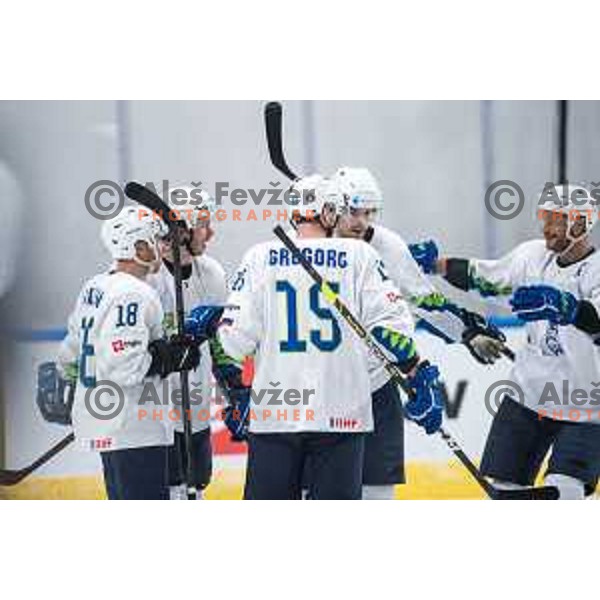 Ken Ograjensek, Ziga Jeglic, Miha Verlic, Jan Urbas celebrate goal during IIHF Ice-hockey World Championship 2022 division I group A match between Slovenia and Romania in Ljubljana, Slovenia on May 4, 2022