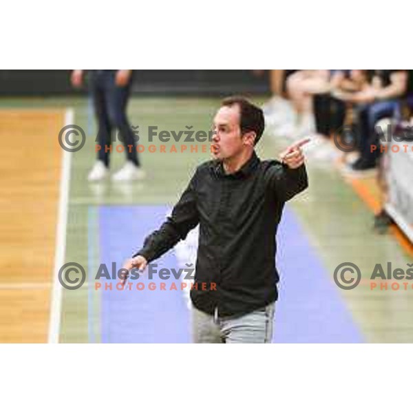 Head coach Gasper Sluga in action during first game of the Final of 1.SKL league Women between Cinkarna Celje and Triglav in Celje, Slovenia on May 6, 2022