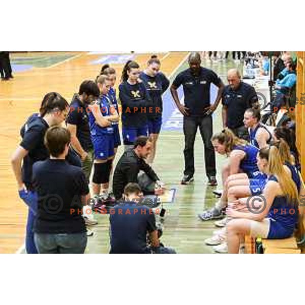 Head coach Gasper Sluga in action during first game of the Final of 1.SKL league Women between Cinkarna Celje and Triglav in Celje, Slovenia on May 6, 2022