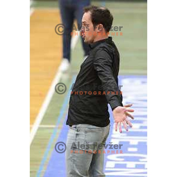 Head coach Gasper Sluga in action during first game of the Final of 1.SKL league Women between Cinkarna Celje and Triglav in Celje, Slovenia on May 6, 2022