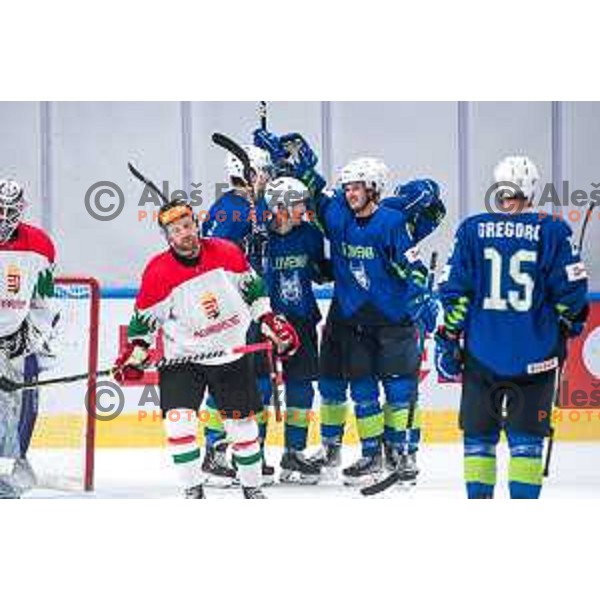 Slovenian players celebrate victory at IIHF Ice-hockey World Championship 2022 division I group A match between Slovenia and Hungary in Ljubljana, Slovenia on May 6, 2022 