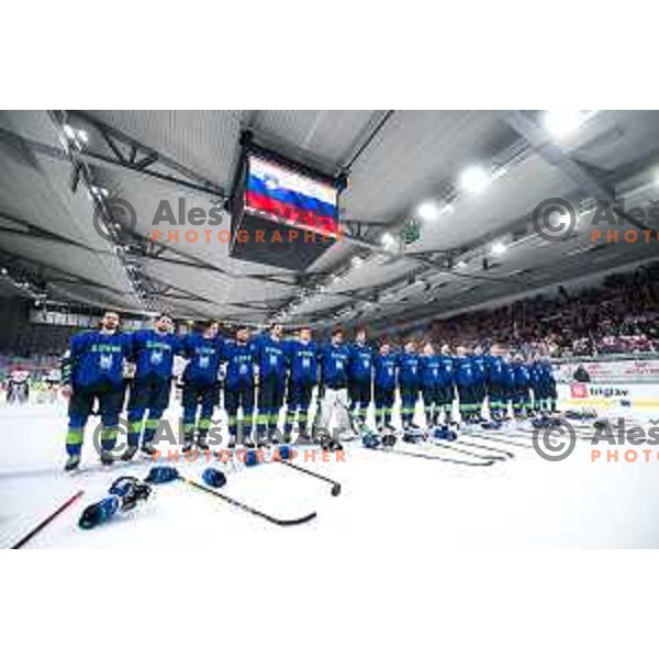 Slovenian players celebrate victory at IIHF Ice-hockey World Championship 2022 division I group A match between Slovenia and Hungary in Ljubljana, Slovenia on May 6, 2022 