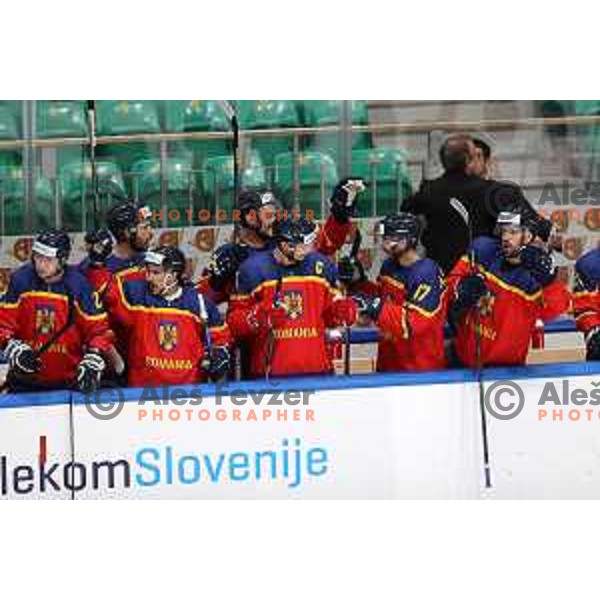 in action during IIHF Ice-hockey World Championship 2022 division I group A match between Lithuania and Romania in Ljubljana, Slovenia on May 7, 2022